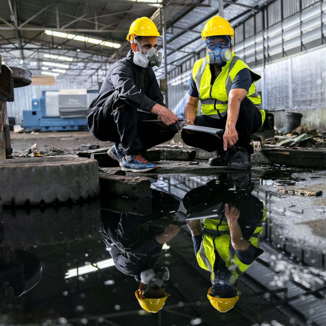 people in safety gear look at leak on warehouse floor